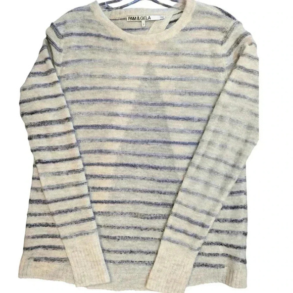 Pam & Gela Grey Striped Lightweight Wool Blend Open Back Sweater Size Small - Picture 7 of 8
